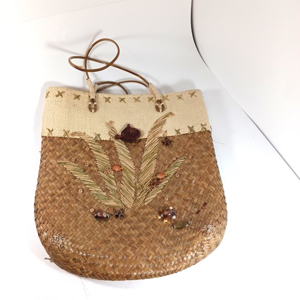 Capelli Straw Shoulder Bag Purse Beach Sea Fish Shell Turtle Zip Closure Natural